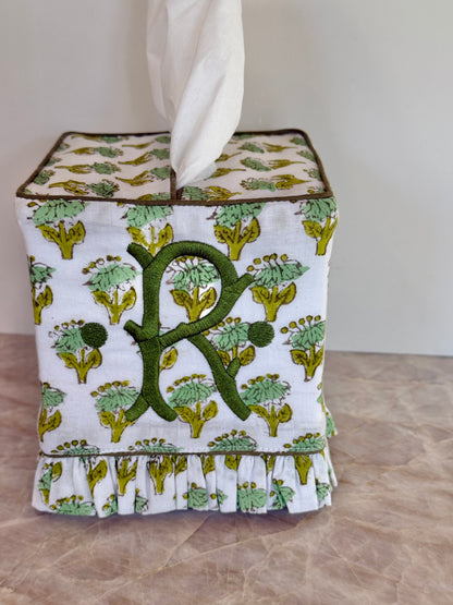 Moss green floral block printed ruffle tissue cover, custom monogram available