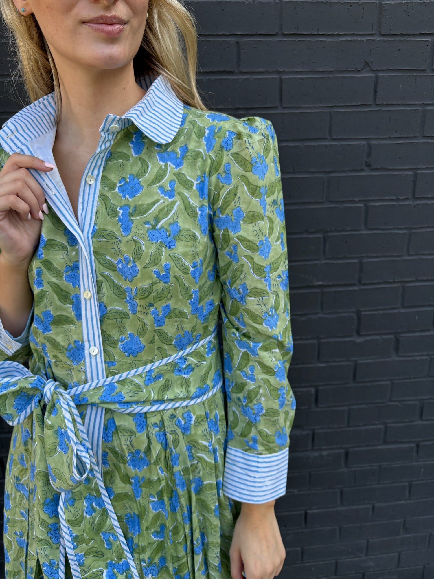 blue and green print dress The Mary maxi shirtdress in green and blue freesia block print Grace Harris Collection