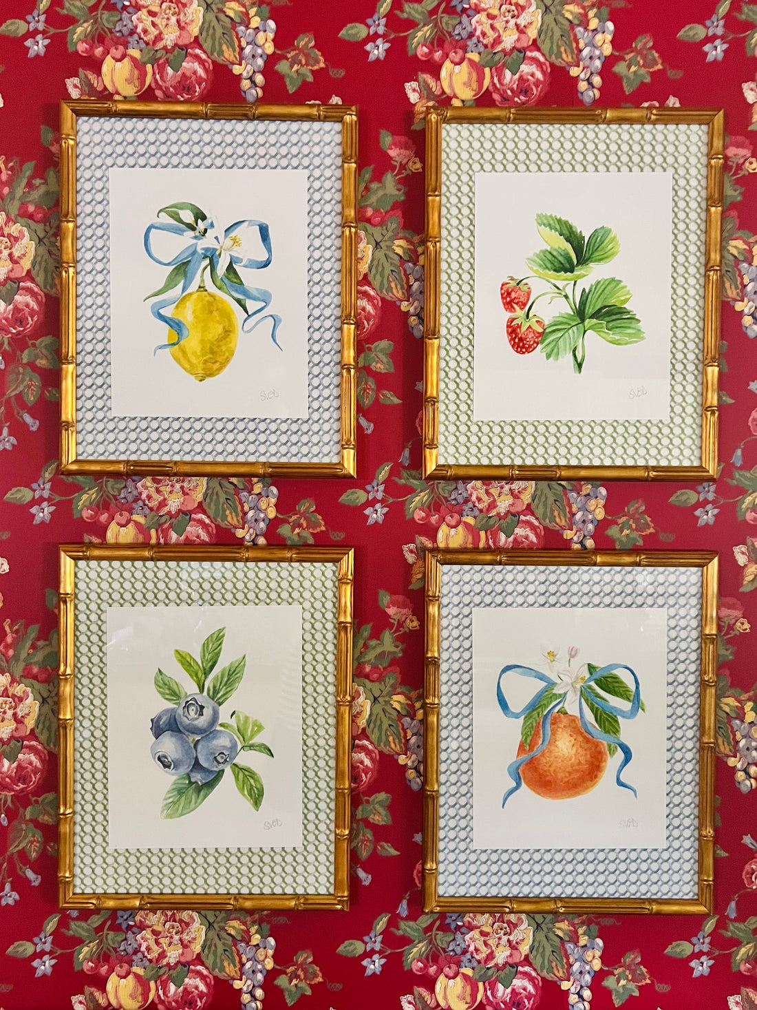 Sarah Drayton fruit art prints with fabric covered mat