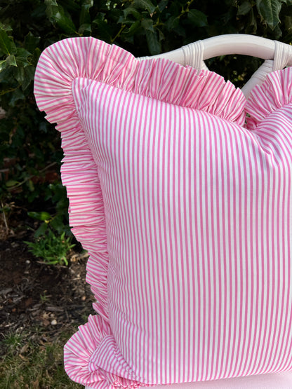 Pink striped ruffle pillow cover