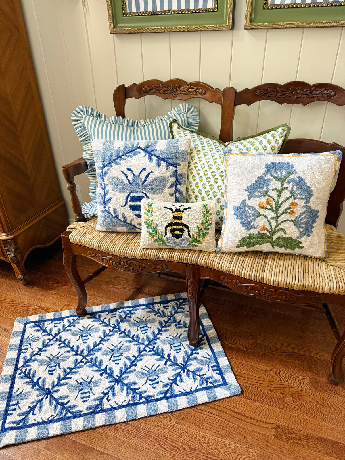 Blue and white bee and gingham hand hooked pillow