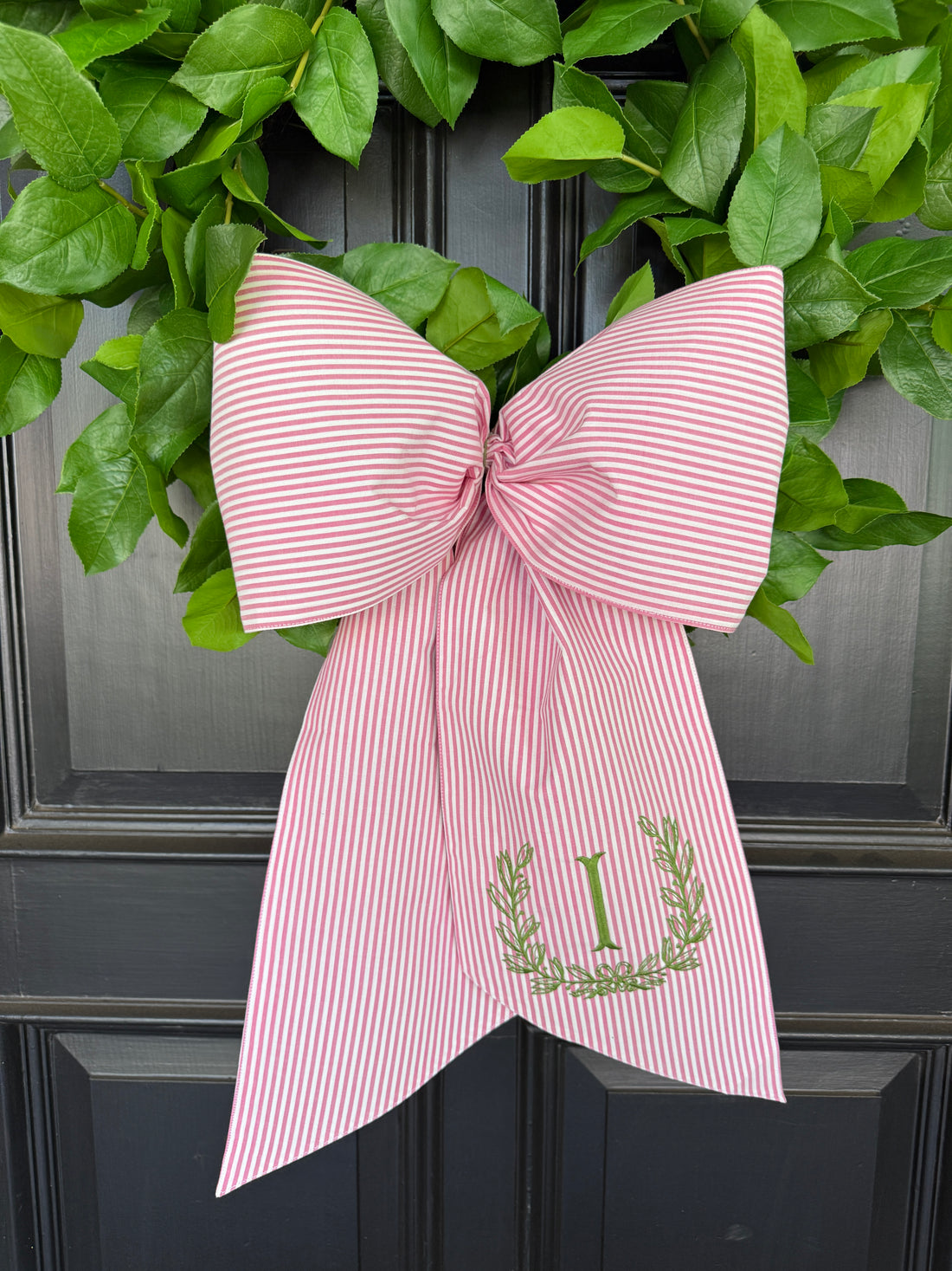Pink striped jumbow wreath sash monogram available