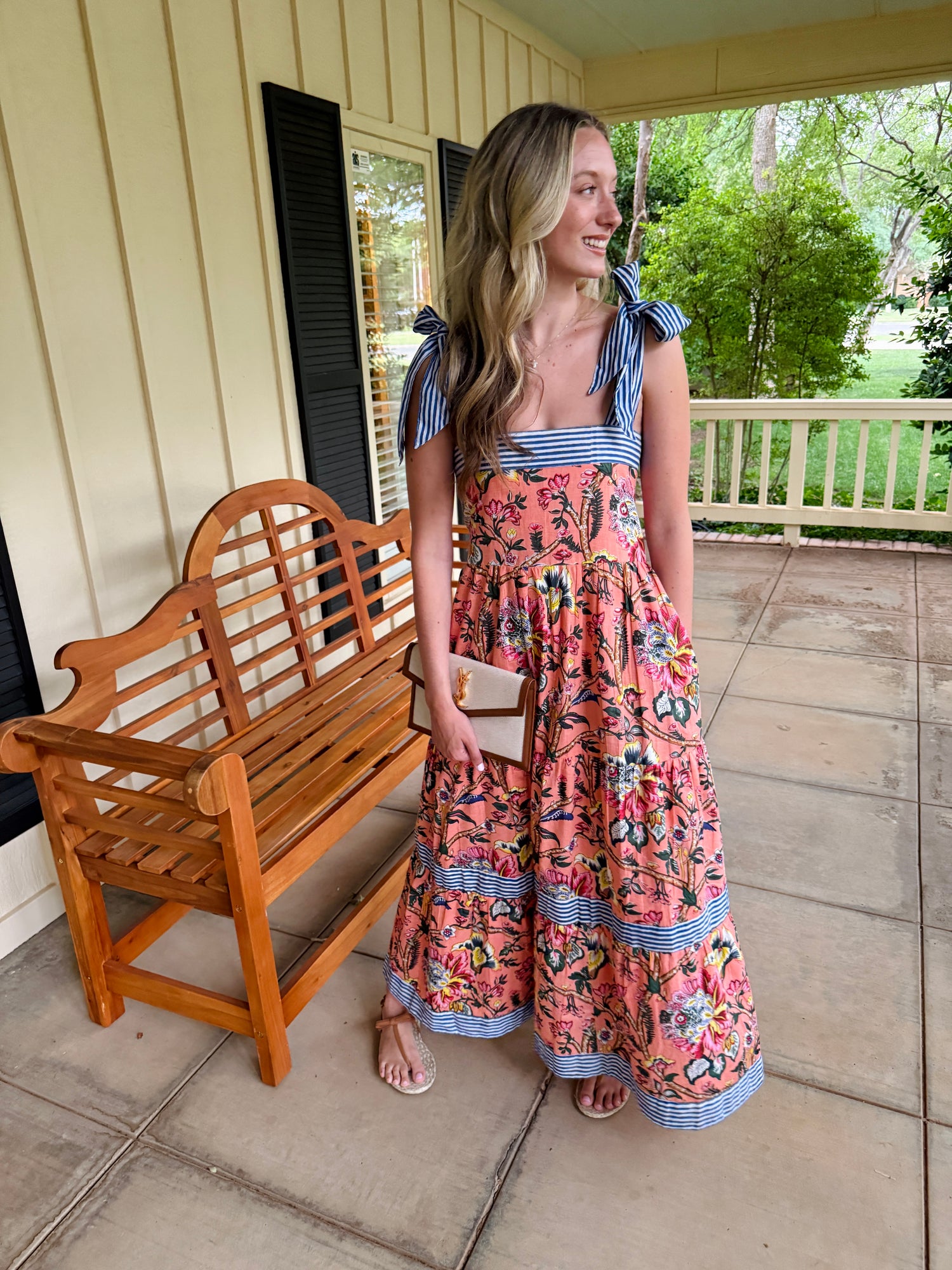 english maxi dress Maisie Maxi Dress in Coral English Floral block print