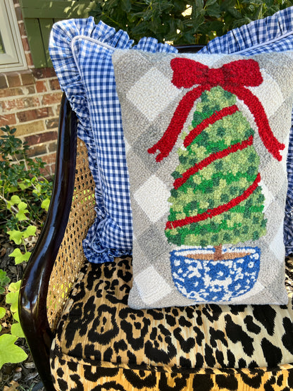 Holiday topiary hooked wool pillow