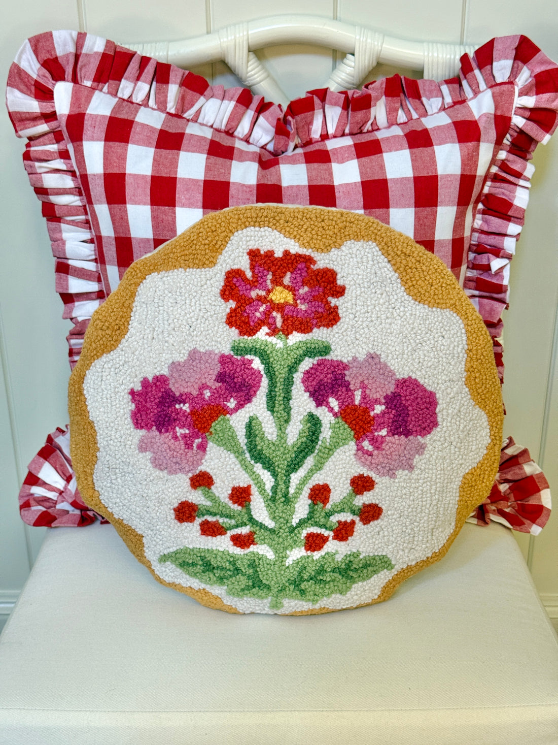 Mughal red and pink flower hand hooked pillow