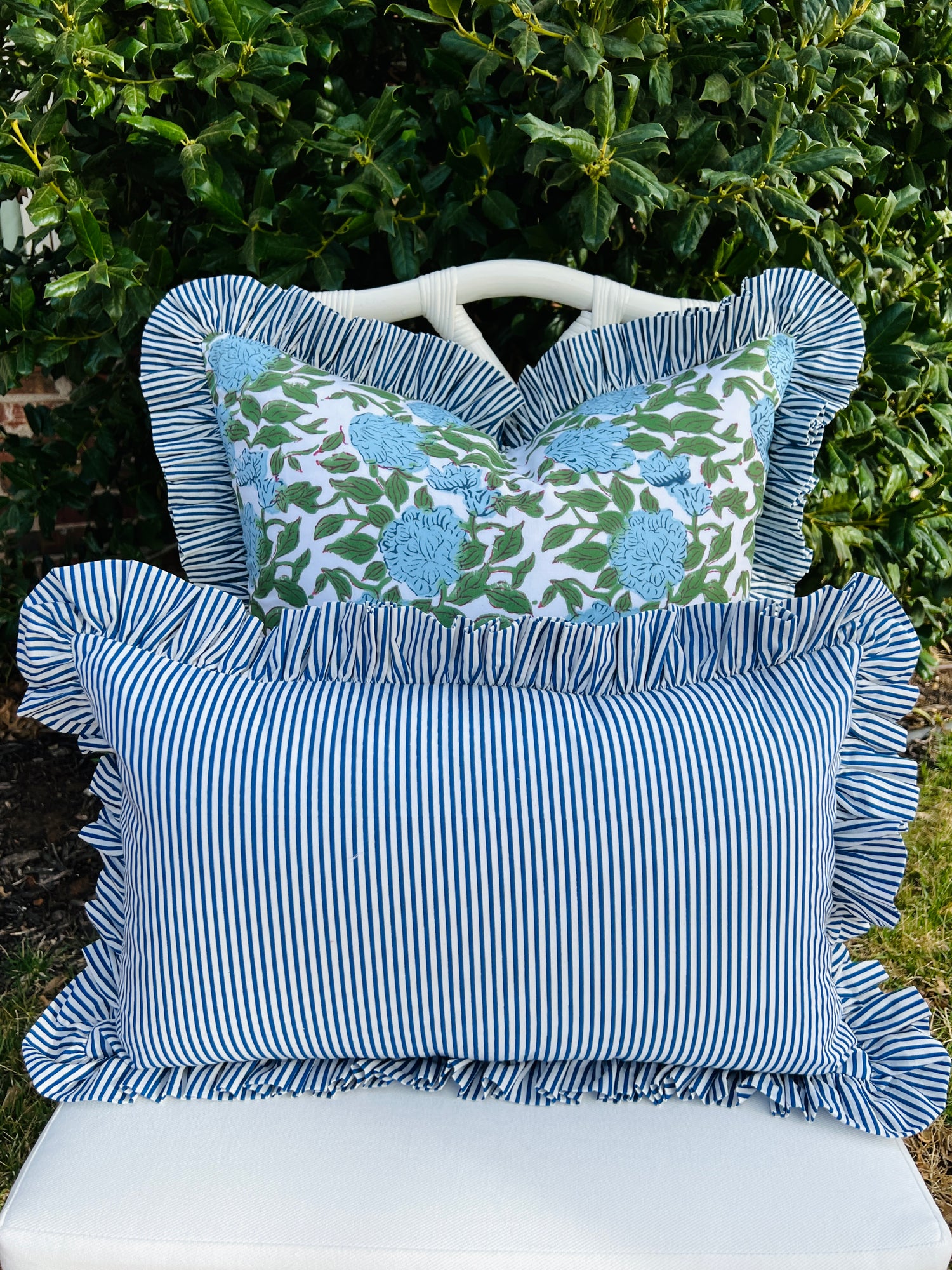 Blue striped ruffle pillow cover, two sizes