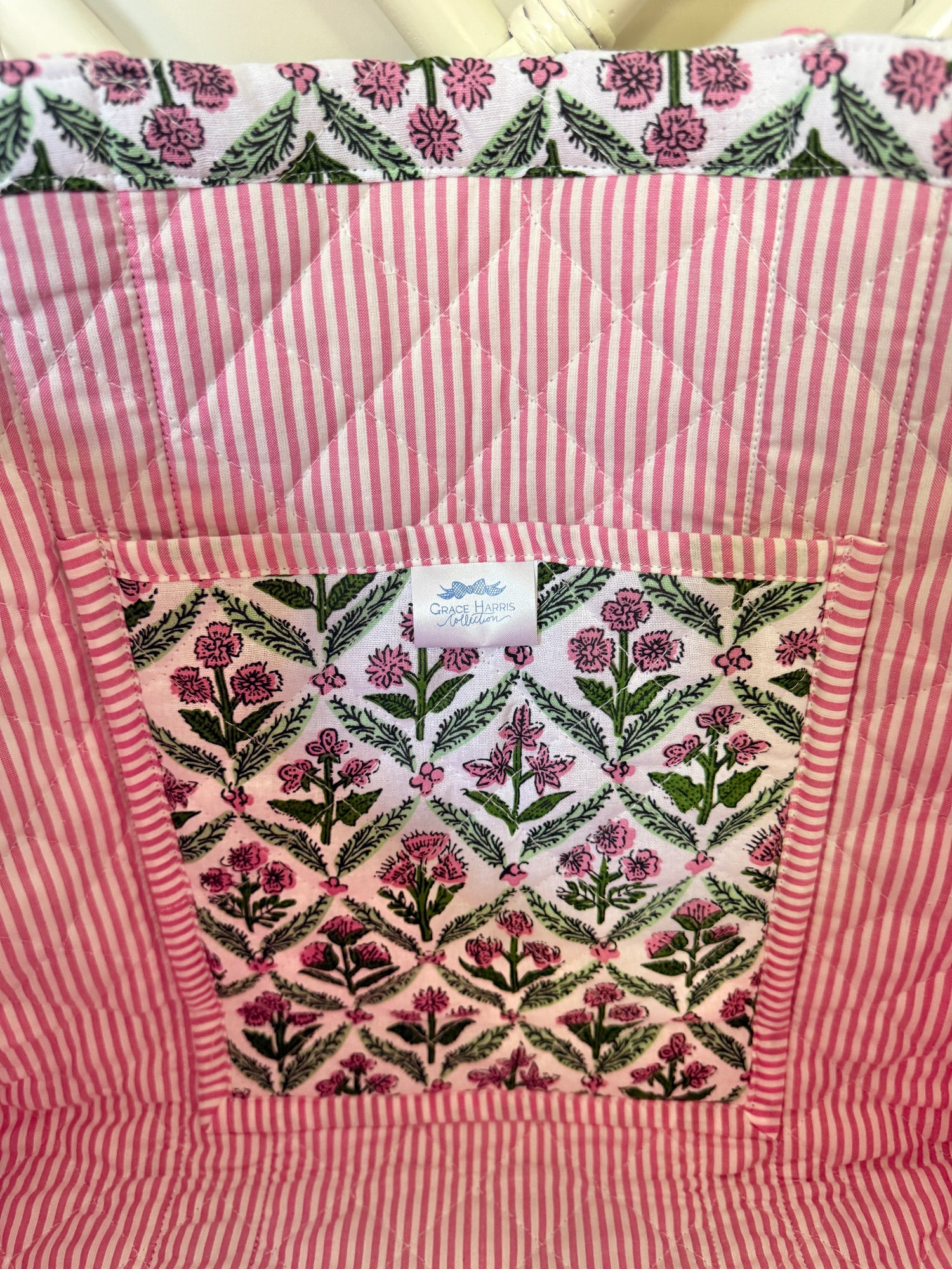 Pink and green quilted block print oversized tote bag monogram available