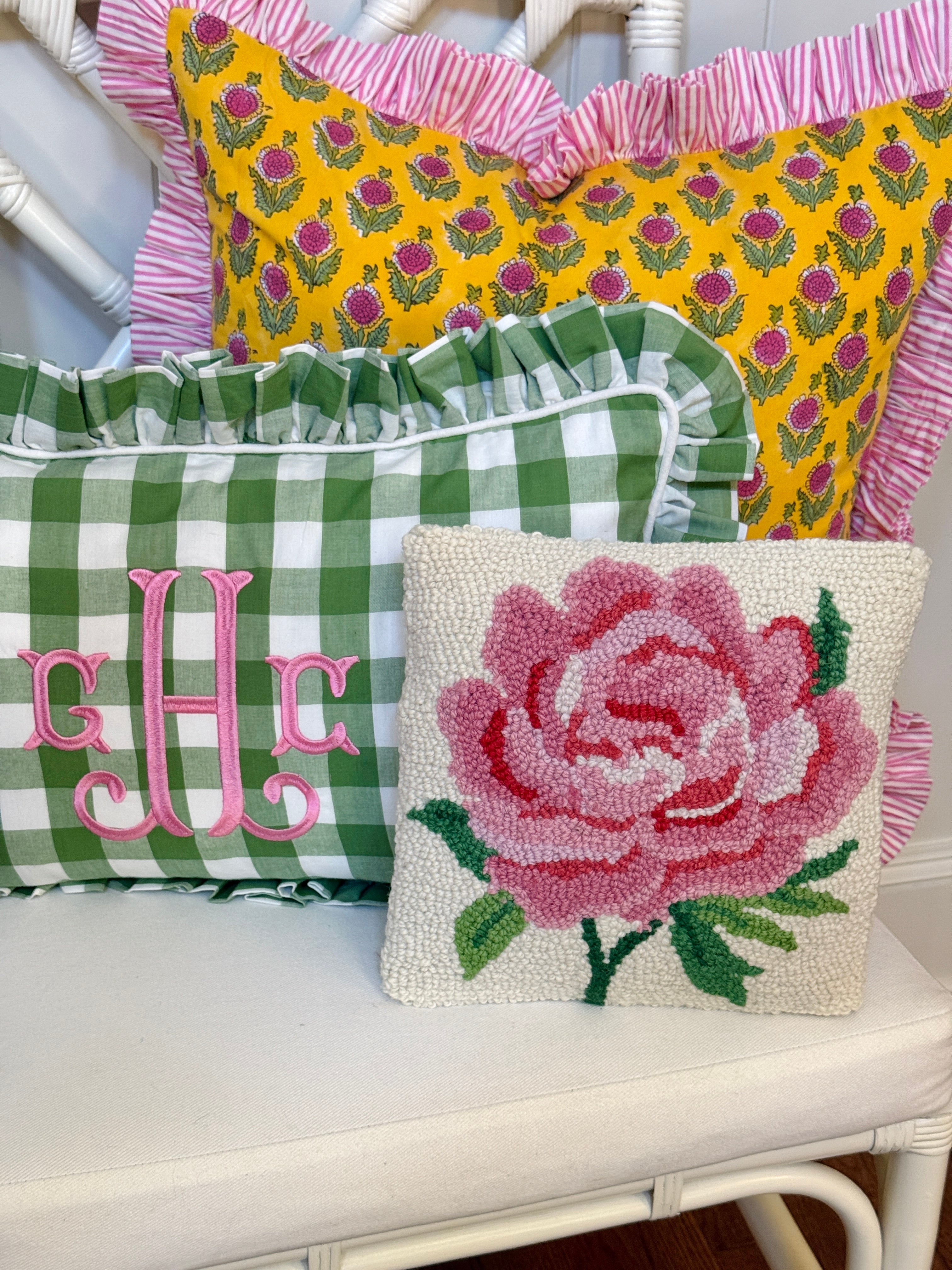 Little pink peony hand hooked pillow