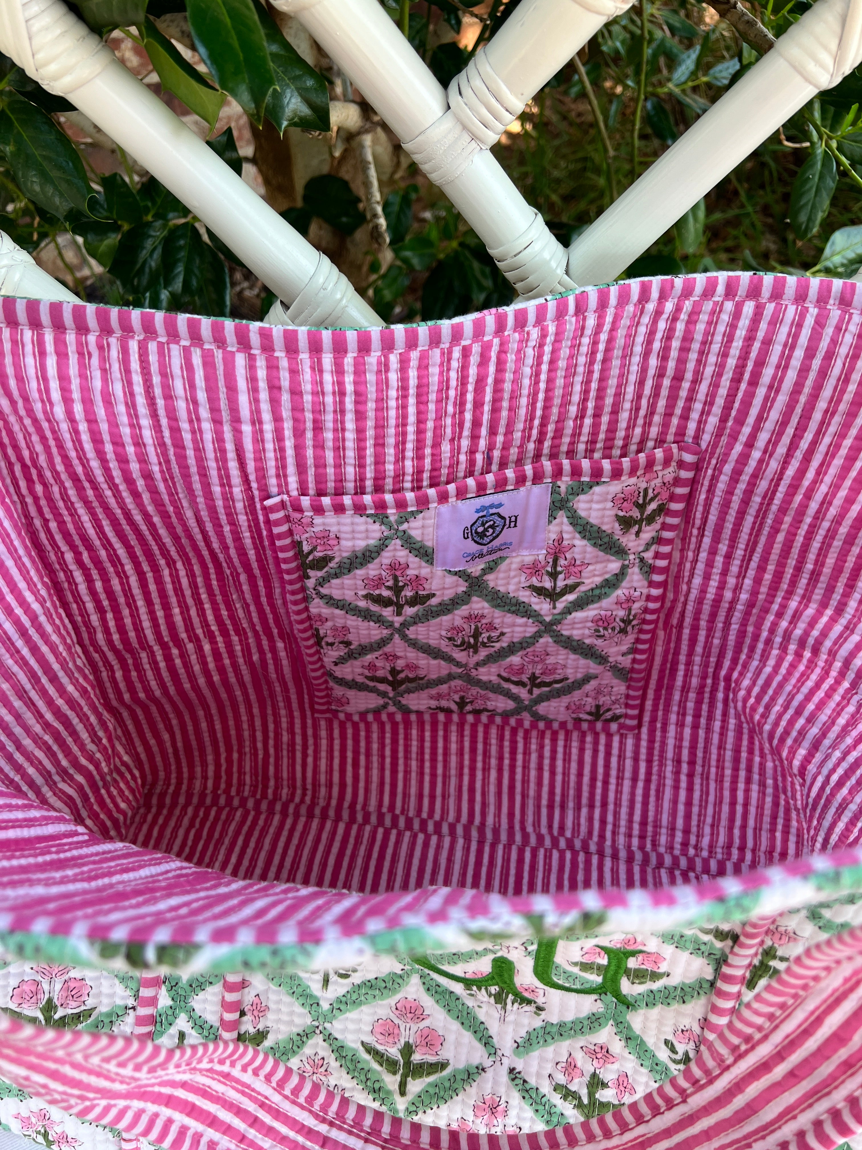 Pink and green quilted block print tote bag monogram available