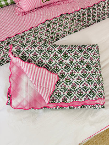 Pink and green floral trellis block print bedding collection