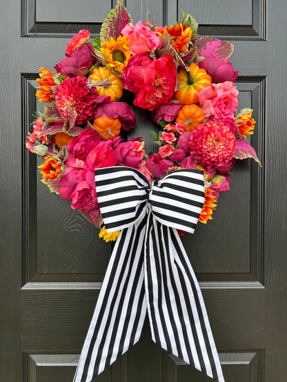 Pink and orange pumpkin Fall floral wreath