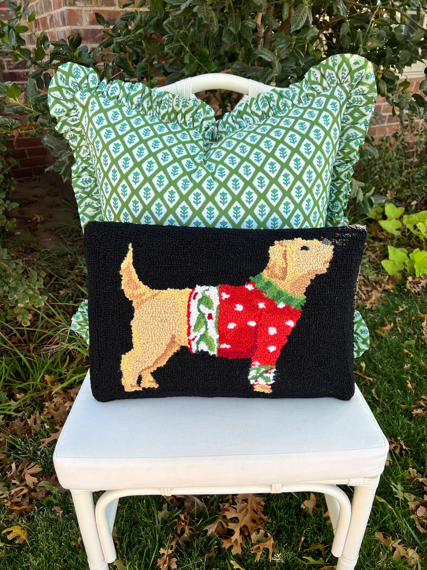 Christmas sweater pup hand hooked pillow