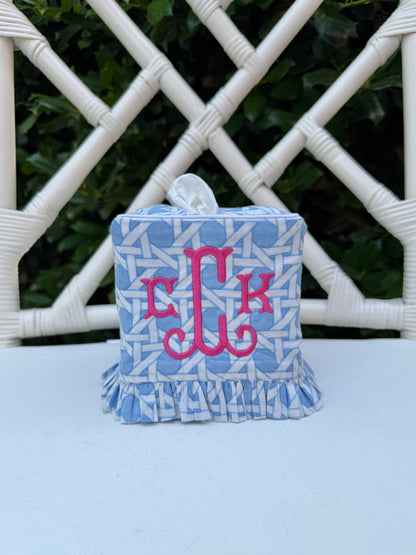 Light blue cane trellis block printed ruffle tissue cover, custom monogram available
