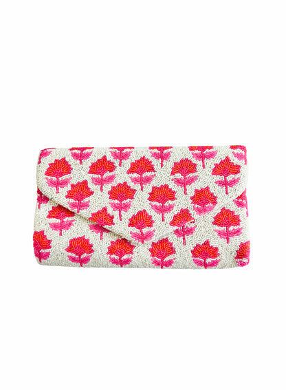 Hand beaded pink and orange block print floral trellis clutch *in stock ships now*