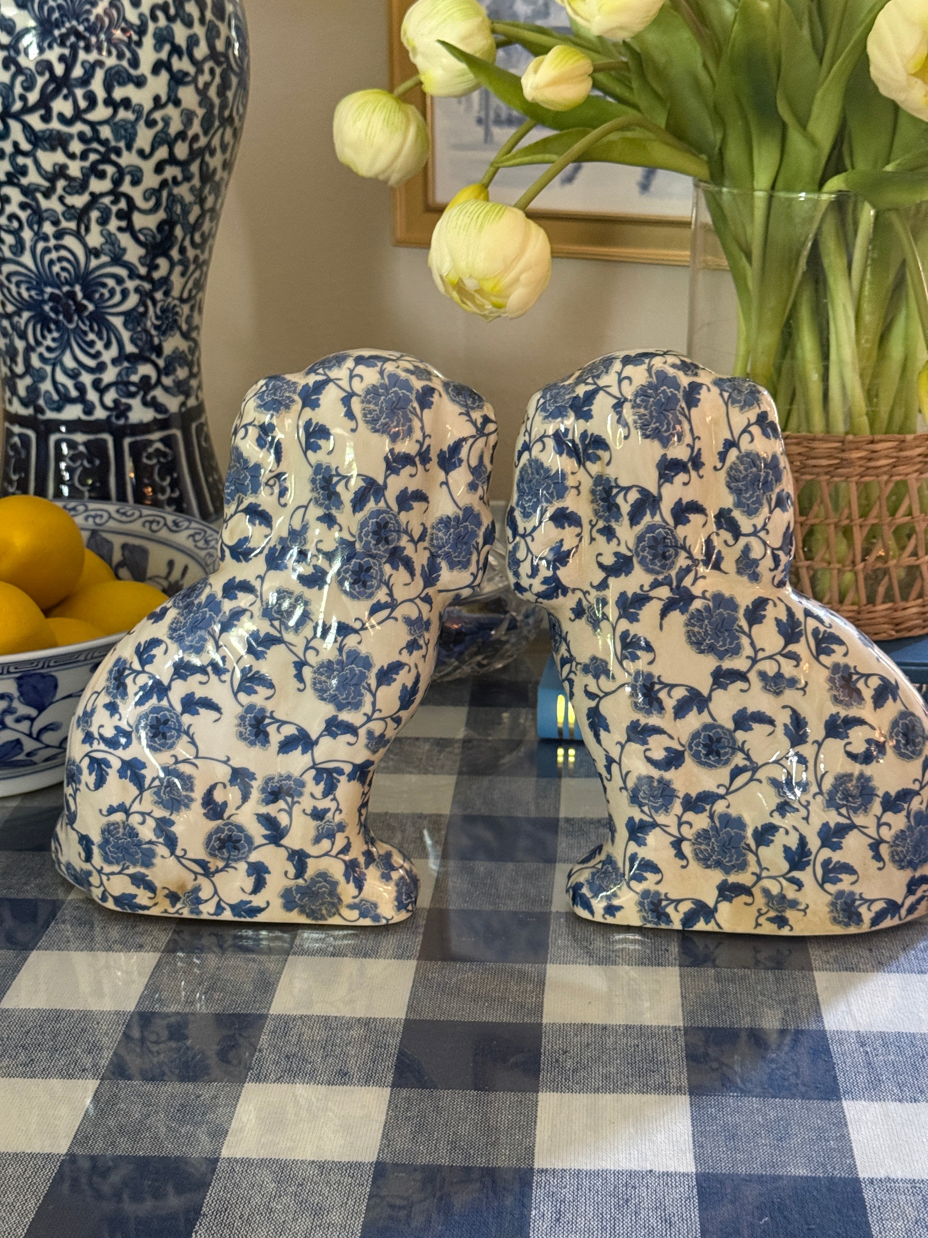 Large blue and white floral Staffordshire dog pair 9” tall