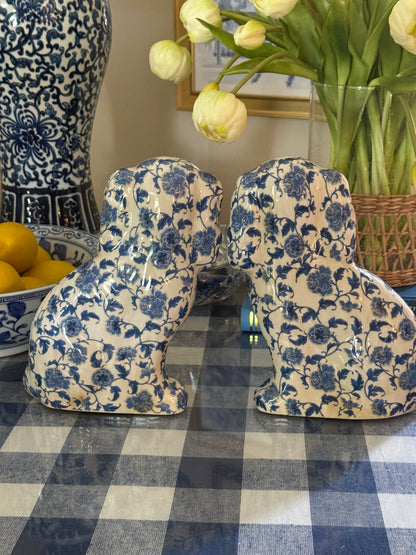 Large blue and white floral Staffordshire dog pair 9” tall