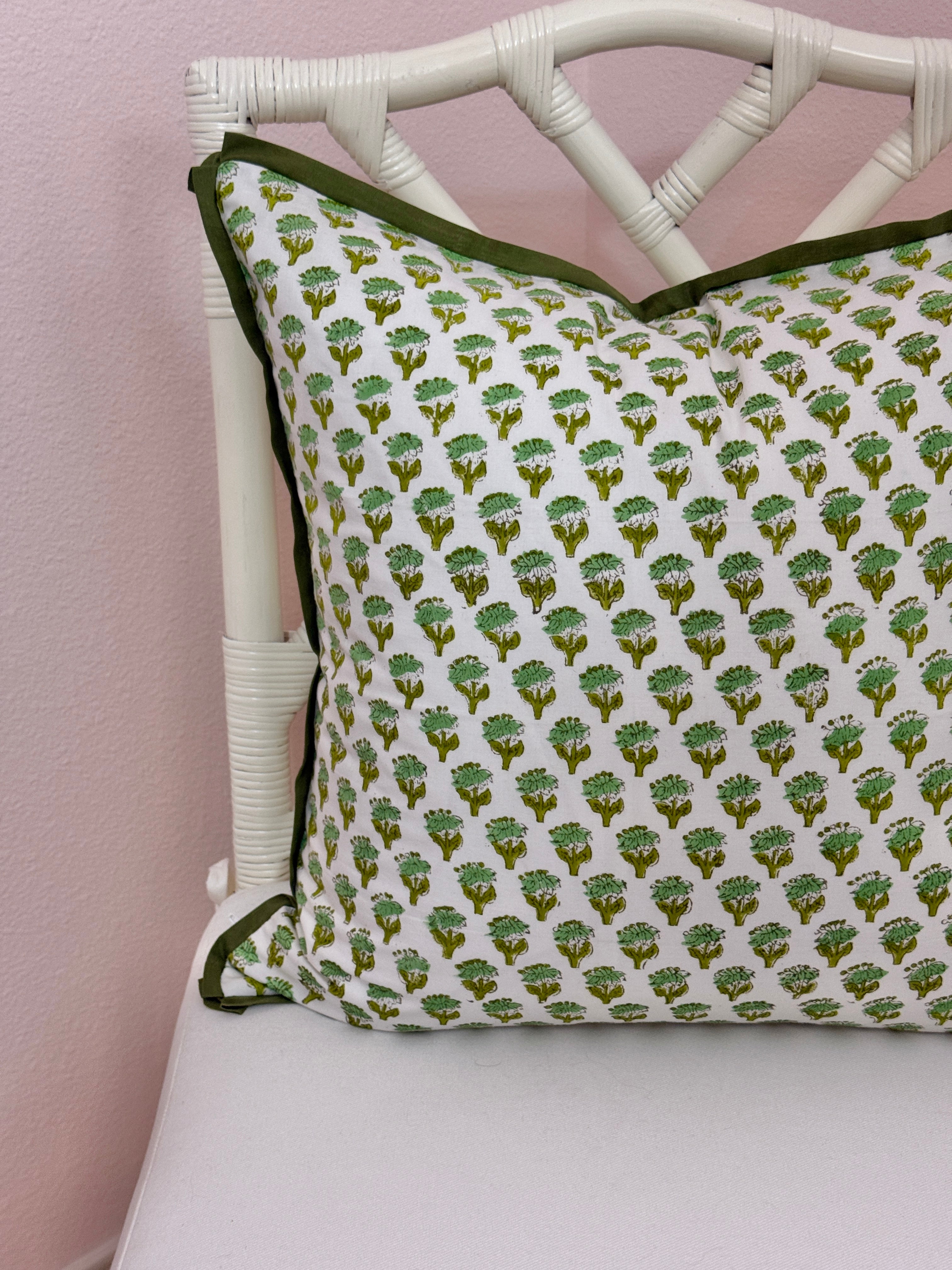 Moss green block print pillow cover with butterfly flange
