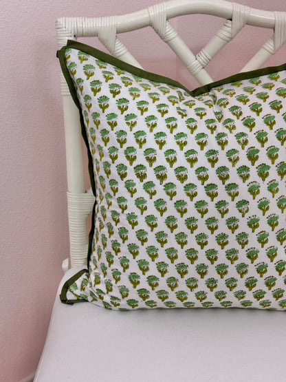 Moss green block print pillow cover with butterfly flange