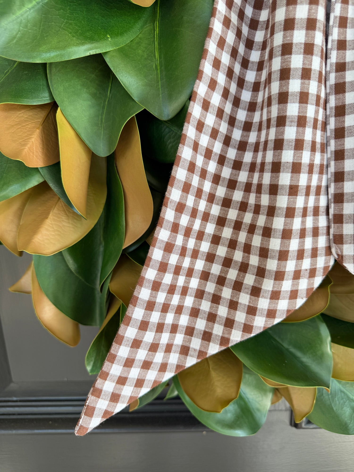 Chocolate brown gingham check signature wreath sash