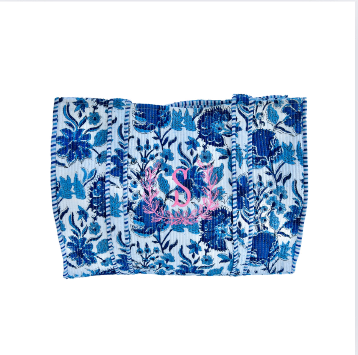 Blue and white quilted block print tote bag monogram available