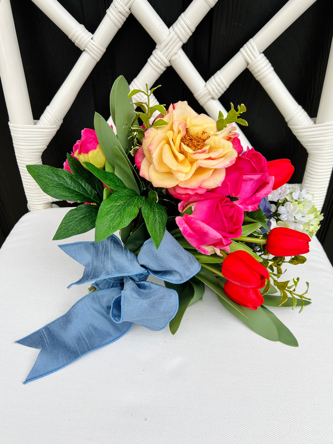 Faux flower drop-in bouquet arrangement, bright colors mixed floral