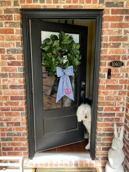 Blue and white gingham wreath bow sash custom monogram available