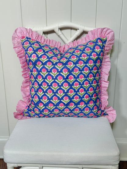 Violet and pink block print floral pillow cover, monogram available