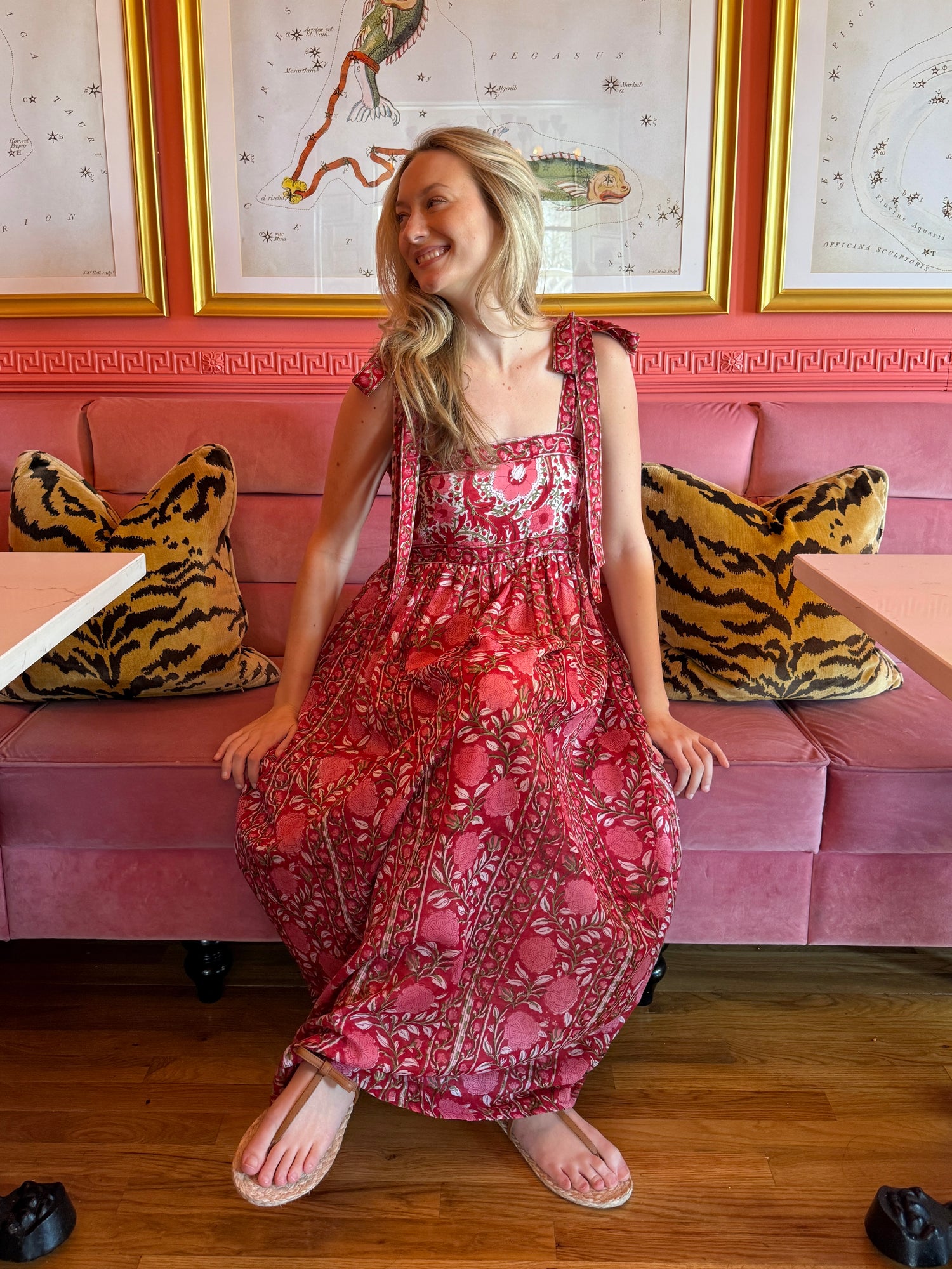 Lottie dress with tie shoulders in red and pink