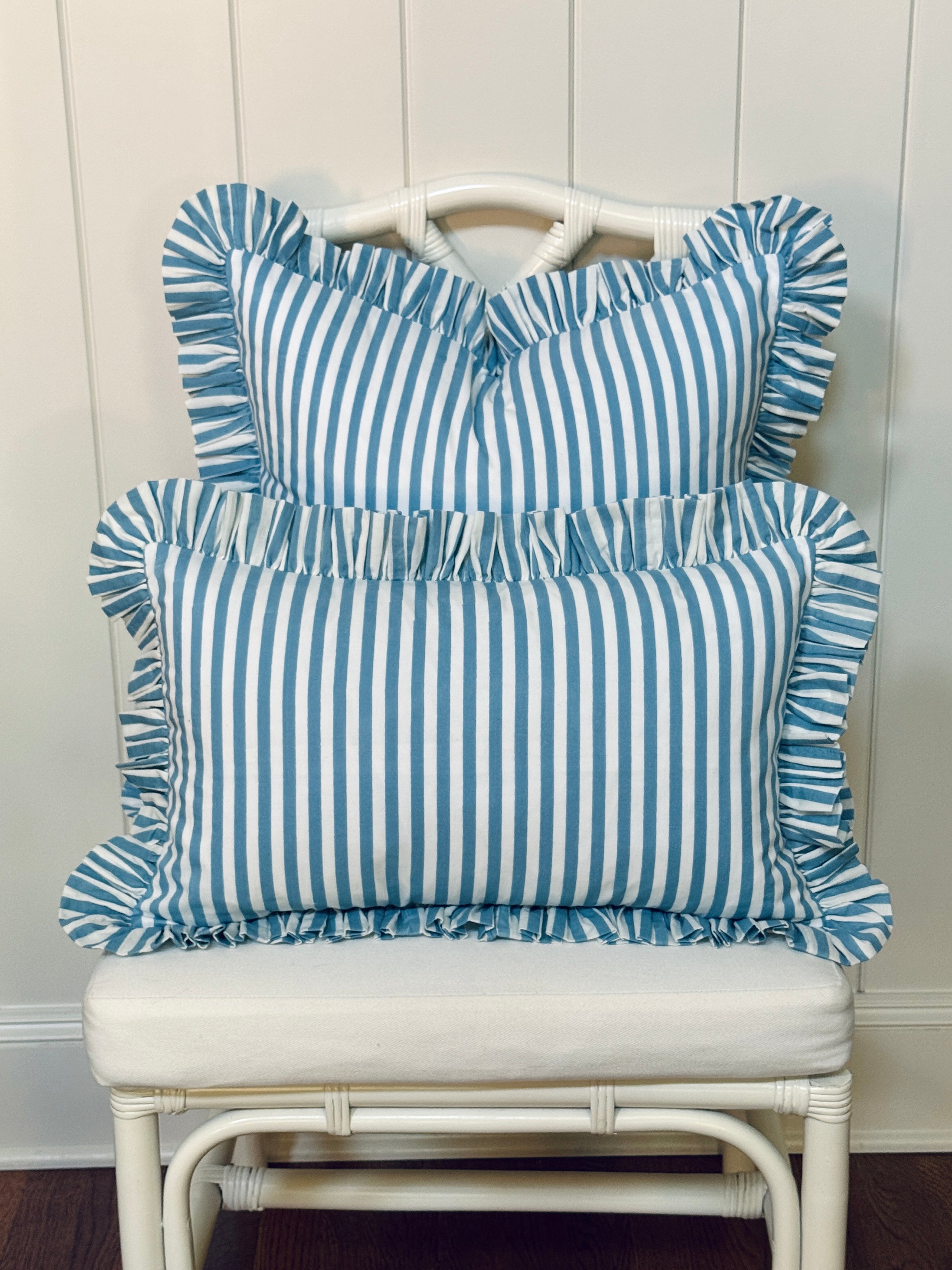 Hydrangea blue and white striped ruffle pillow cover