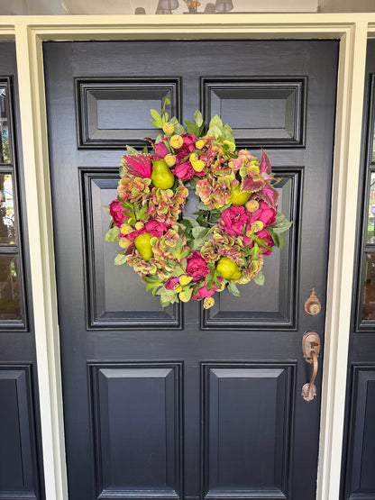 Magenta and pear green hydrangea and coleus floral wreath