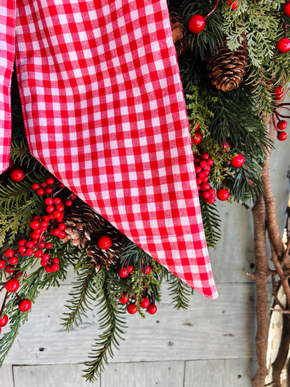 Red and white gingham wreath bow sash custom monogram available