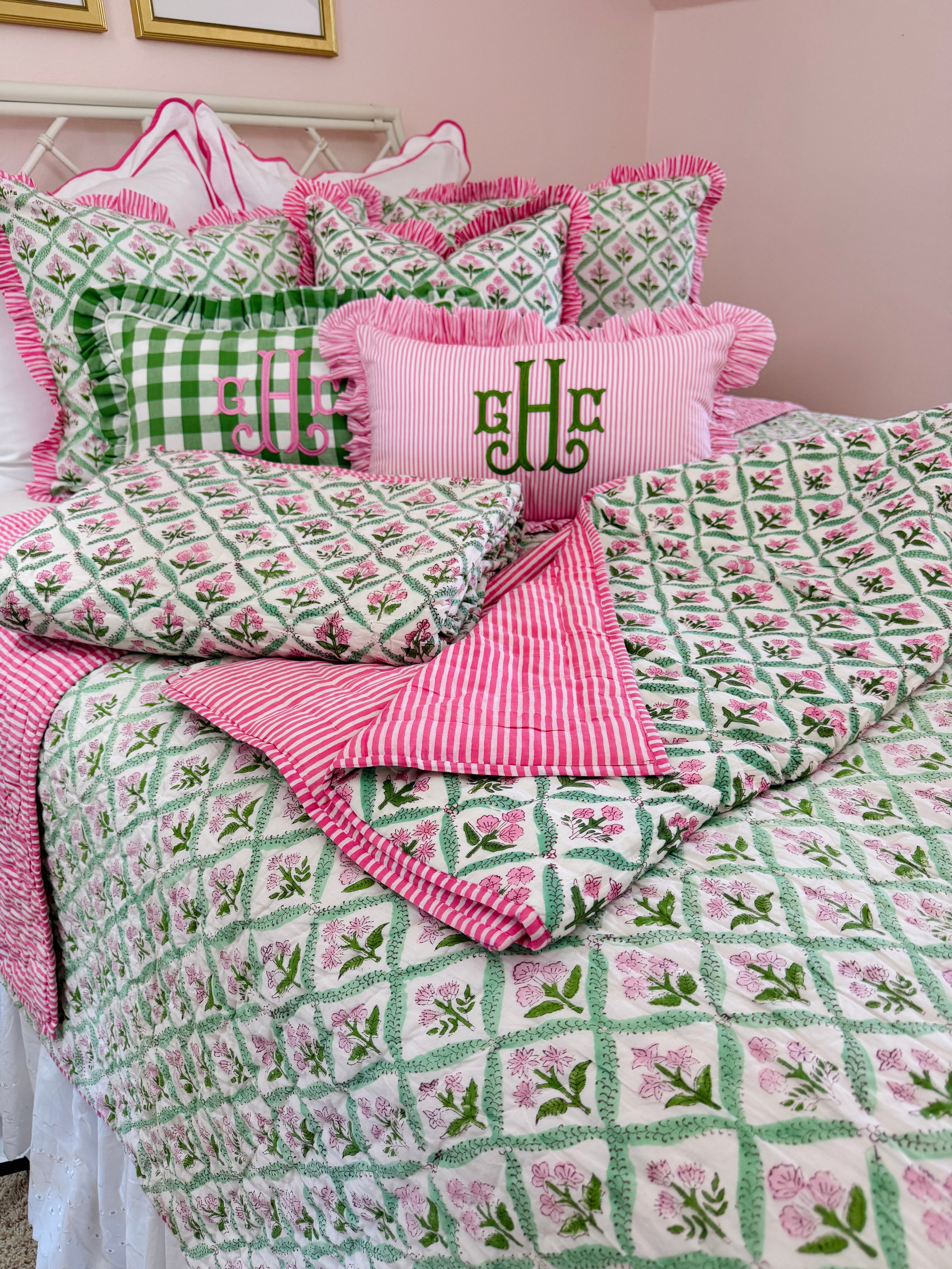 Hot pink and green floral trellis block print bedding collection