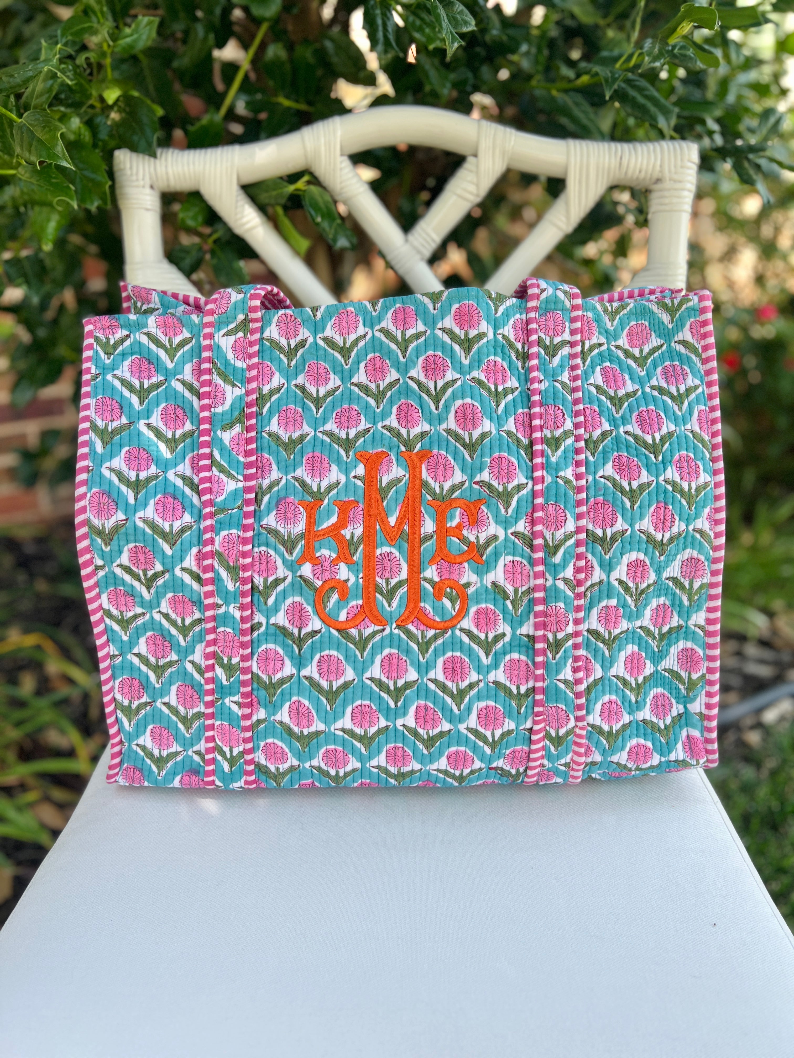 Blue and pink quilted block print tote bag monogram available