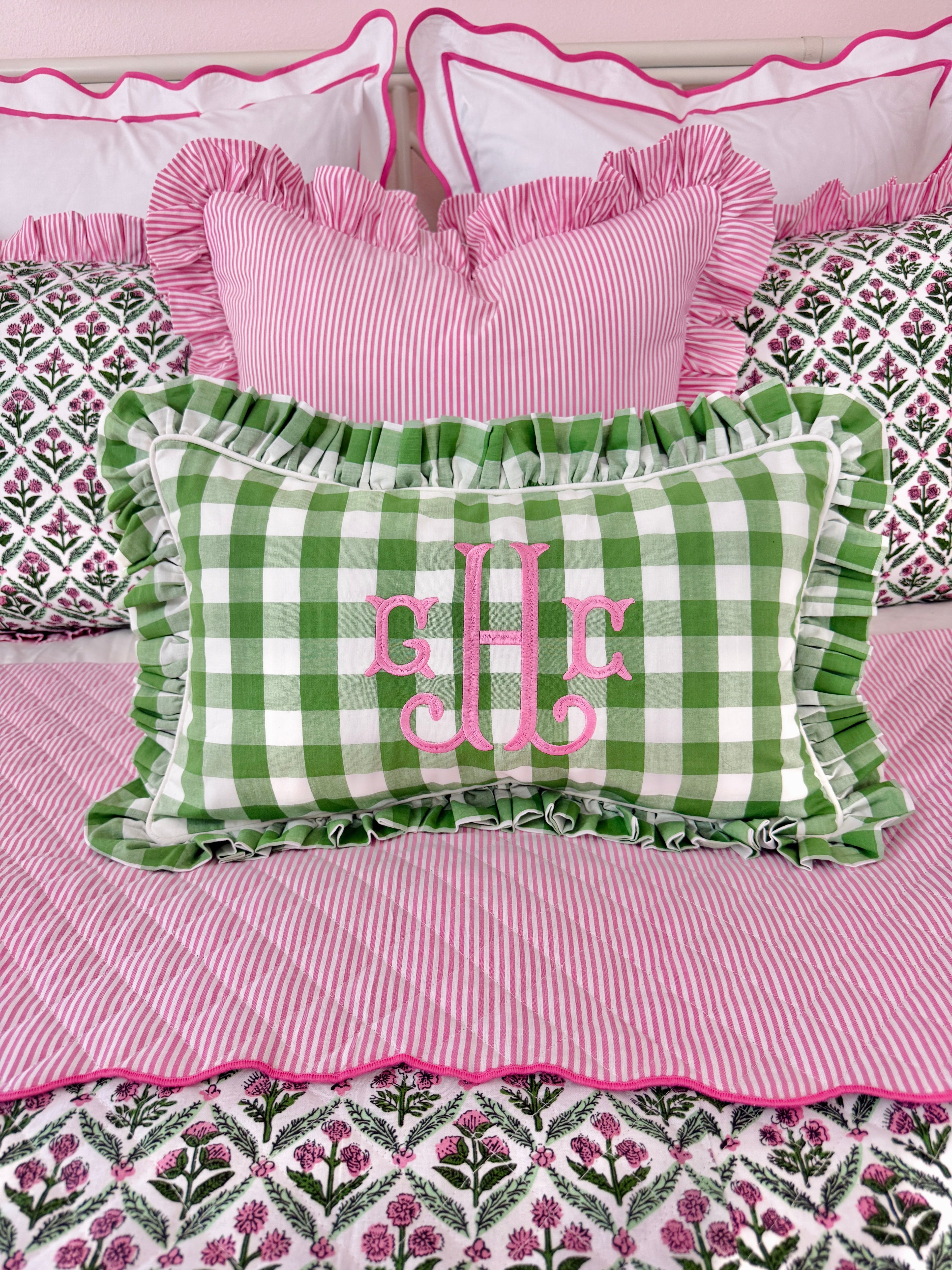 Pink and green floral trellis block print bedding collection