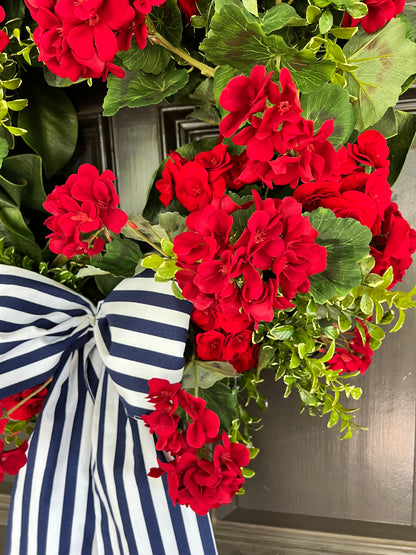 Red geranium and begonia wreath 30”