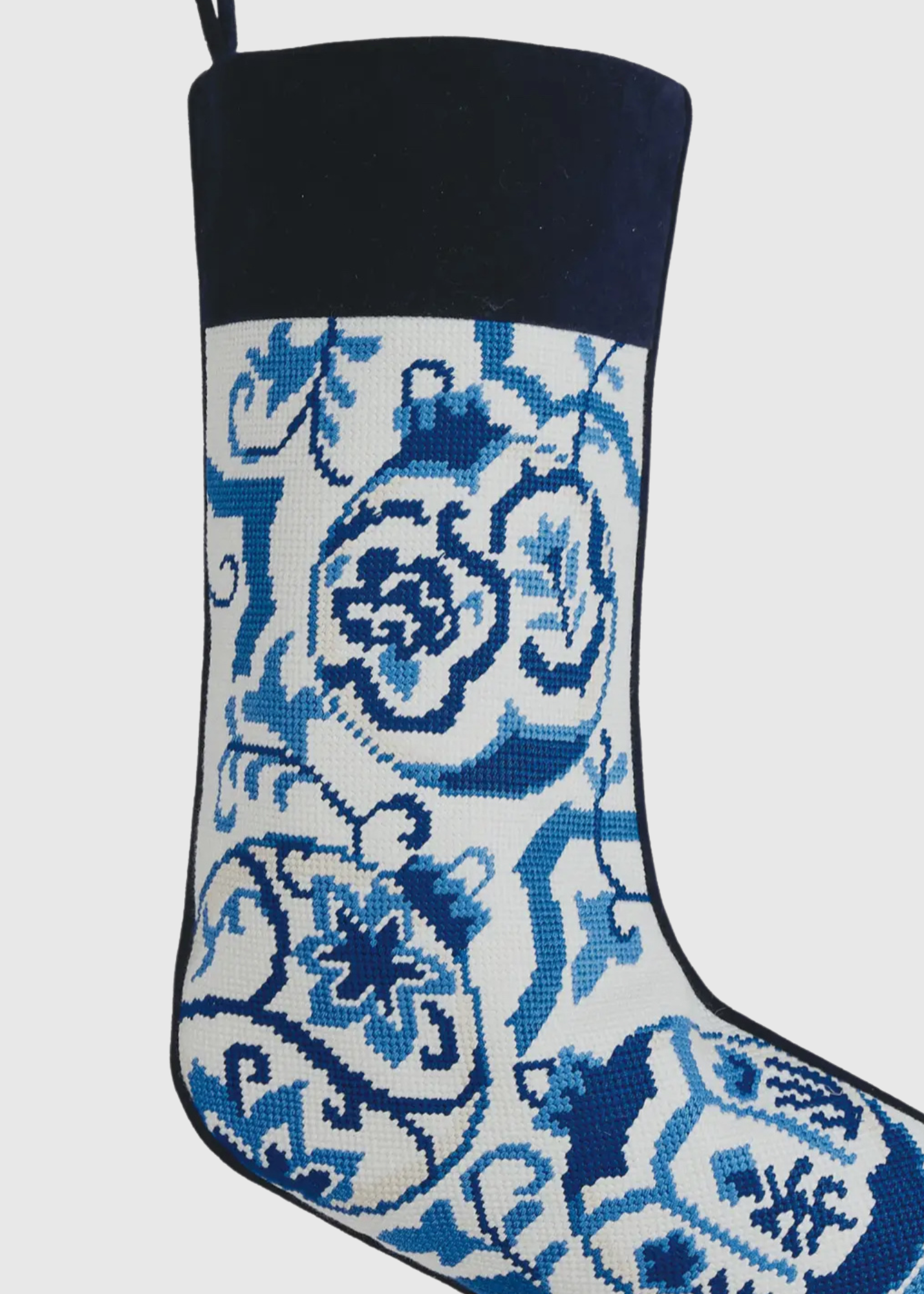 Chinoiserie ornaments blue and white needlepoint stocking