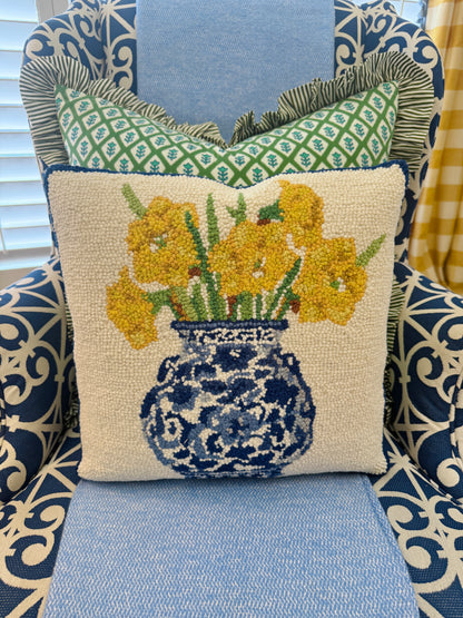 Hand hooked wool yellow daffodils and chinoiserie pillow