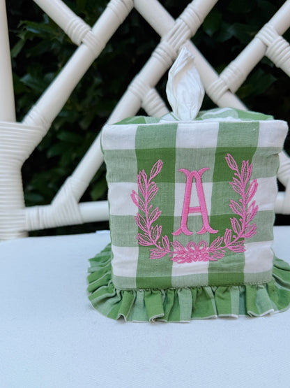 Fern green check ruffle tissue cover, custom monogram available