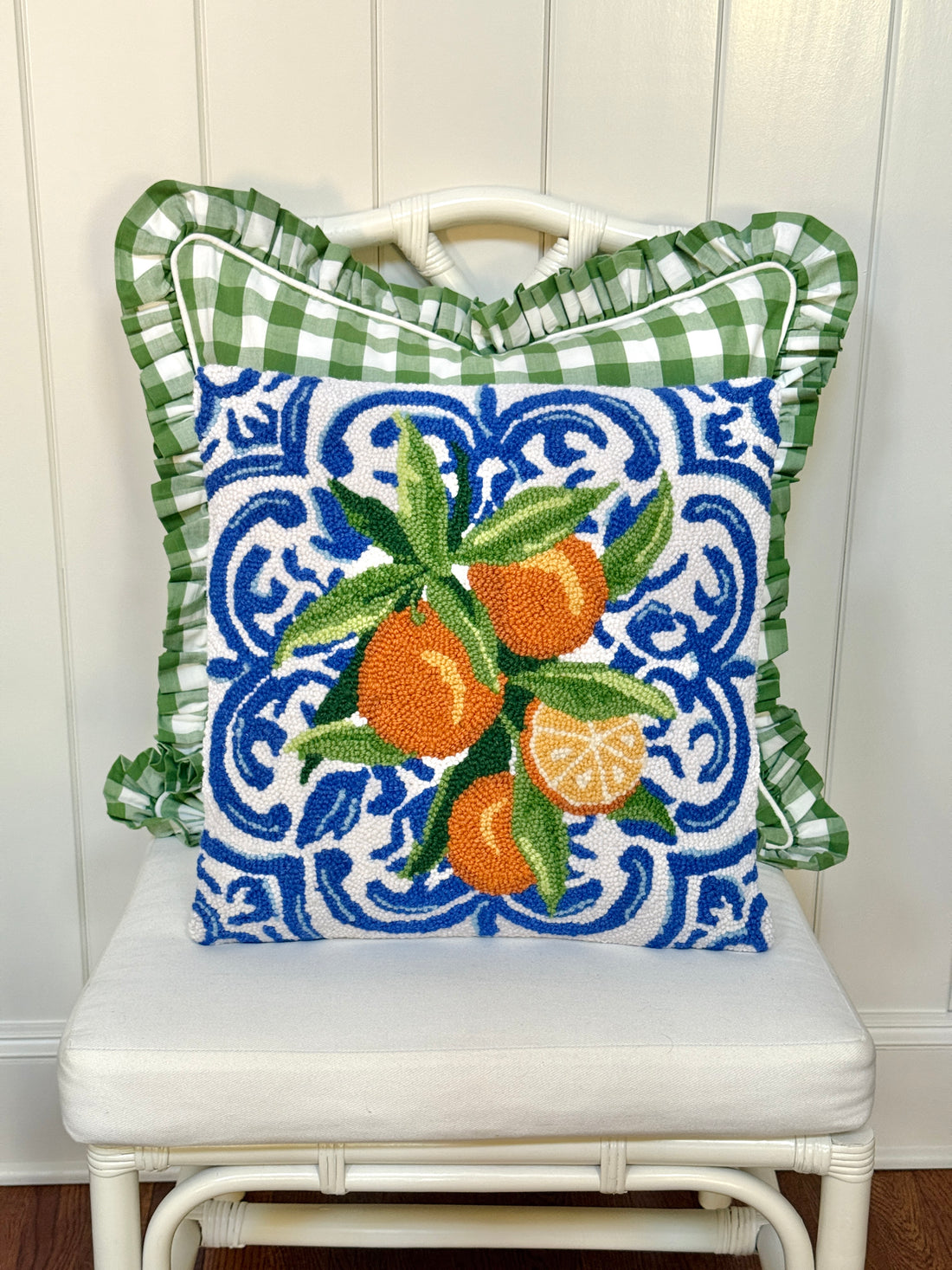 Mediterranean oranges hand hooked pillow