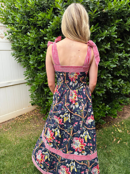 Maisie Maxi Dress in Navy English Floral block print