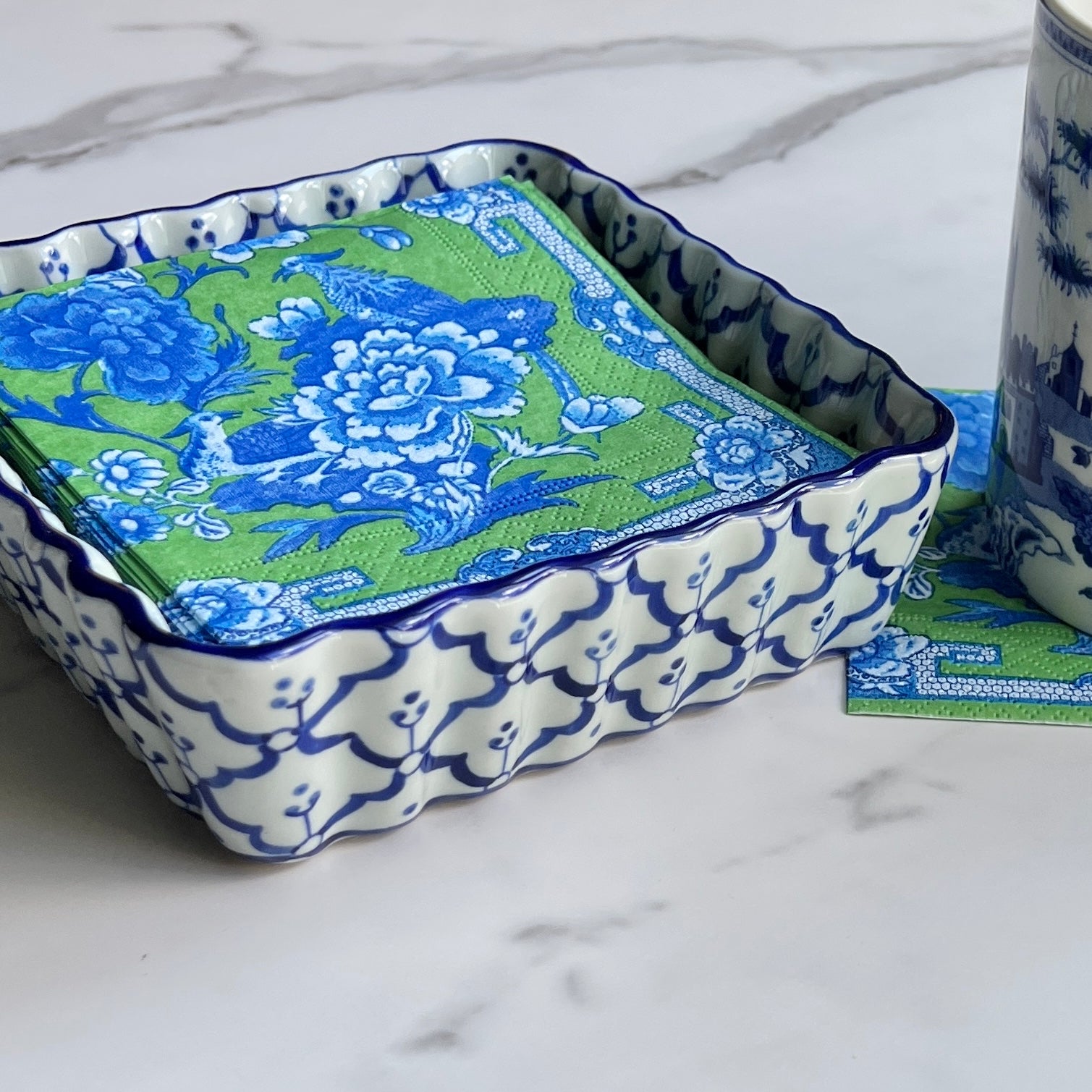 Blue and white cocktail napkin caddy, catch all tray