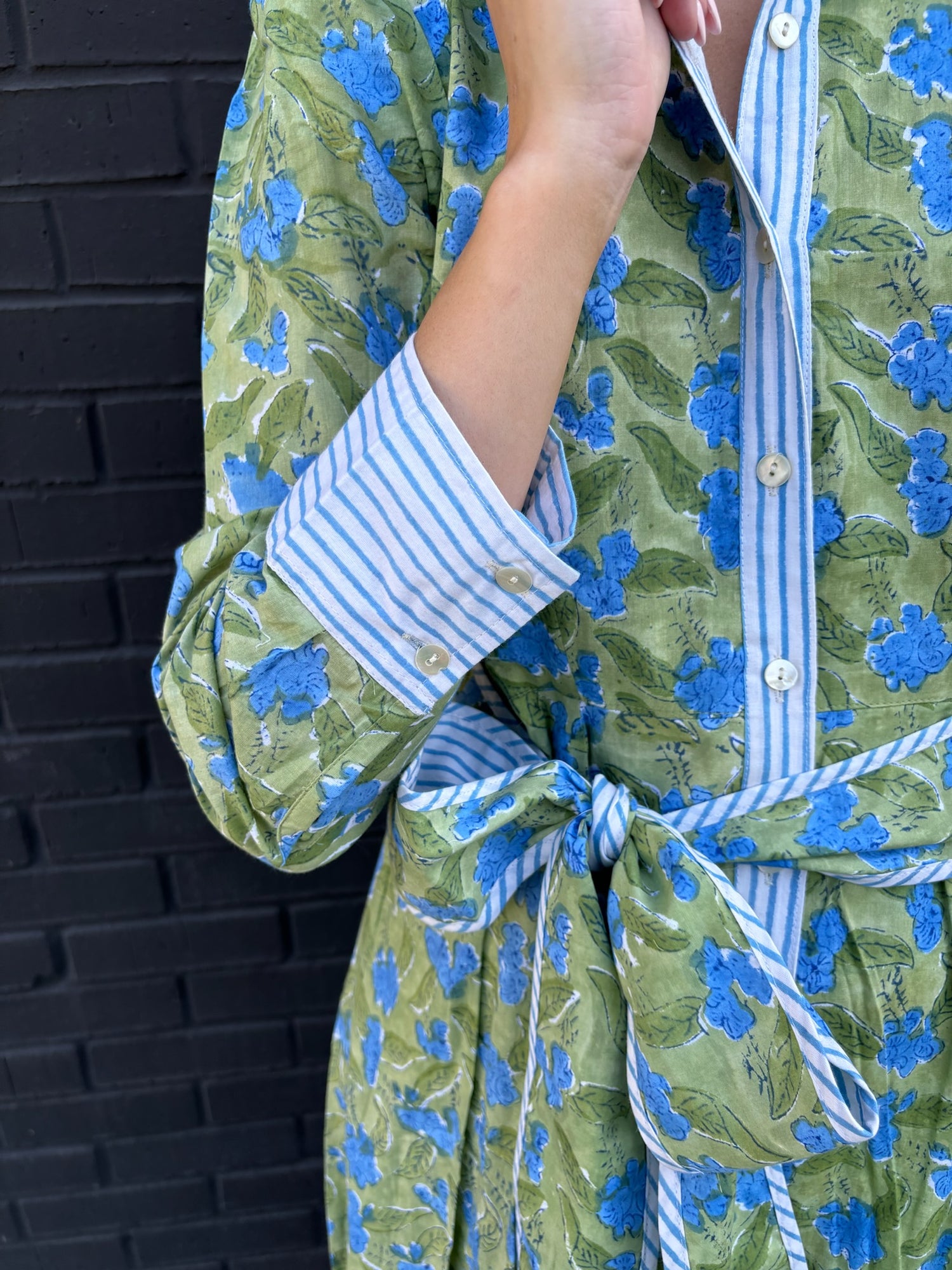 The Mary maxi shirtdress in green and blue freesia block print