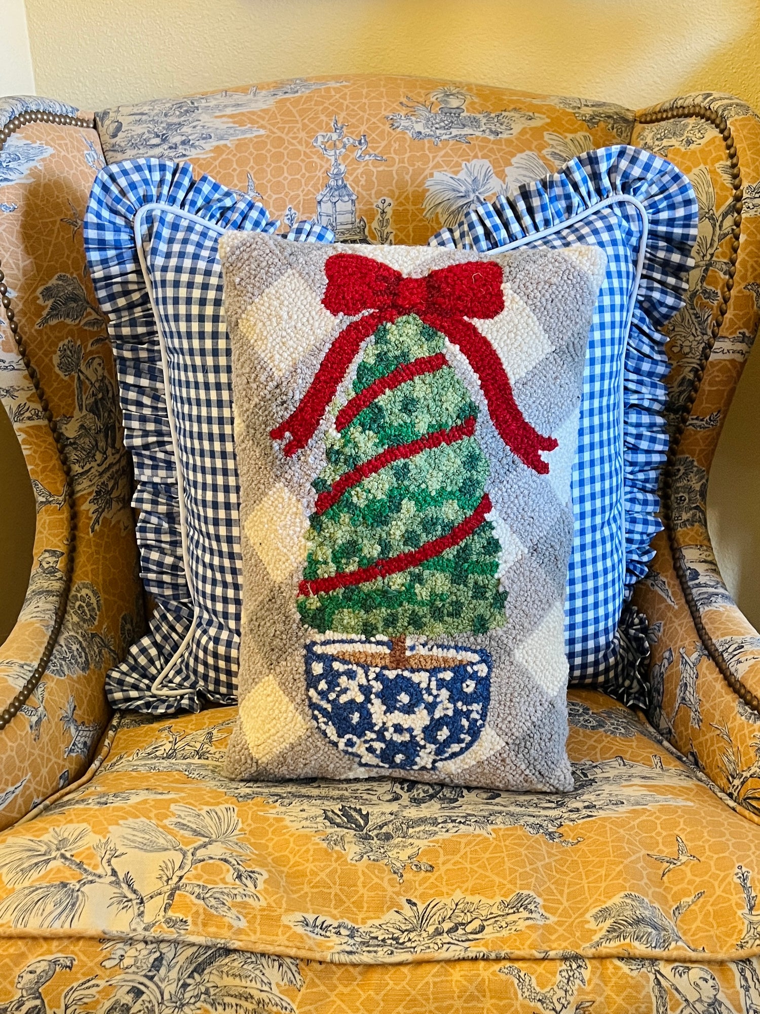 Holiday topiary hooked wool pillow