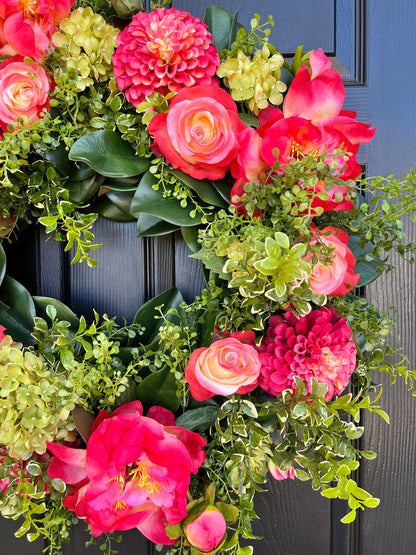 Coral and green Spring and Summer wreath with optional gingham dupioni ribbon