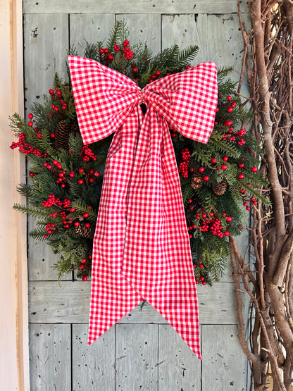 Red and white gingham wreath bow sash custom monogram available