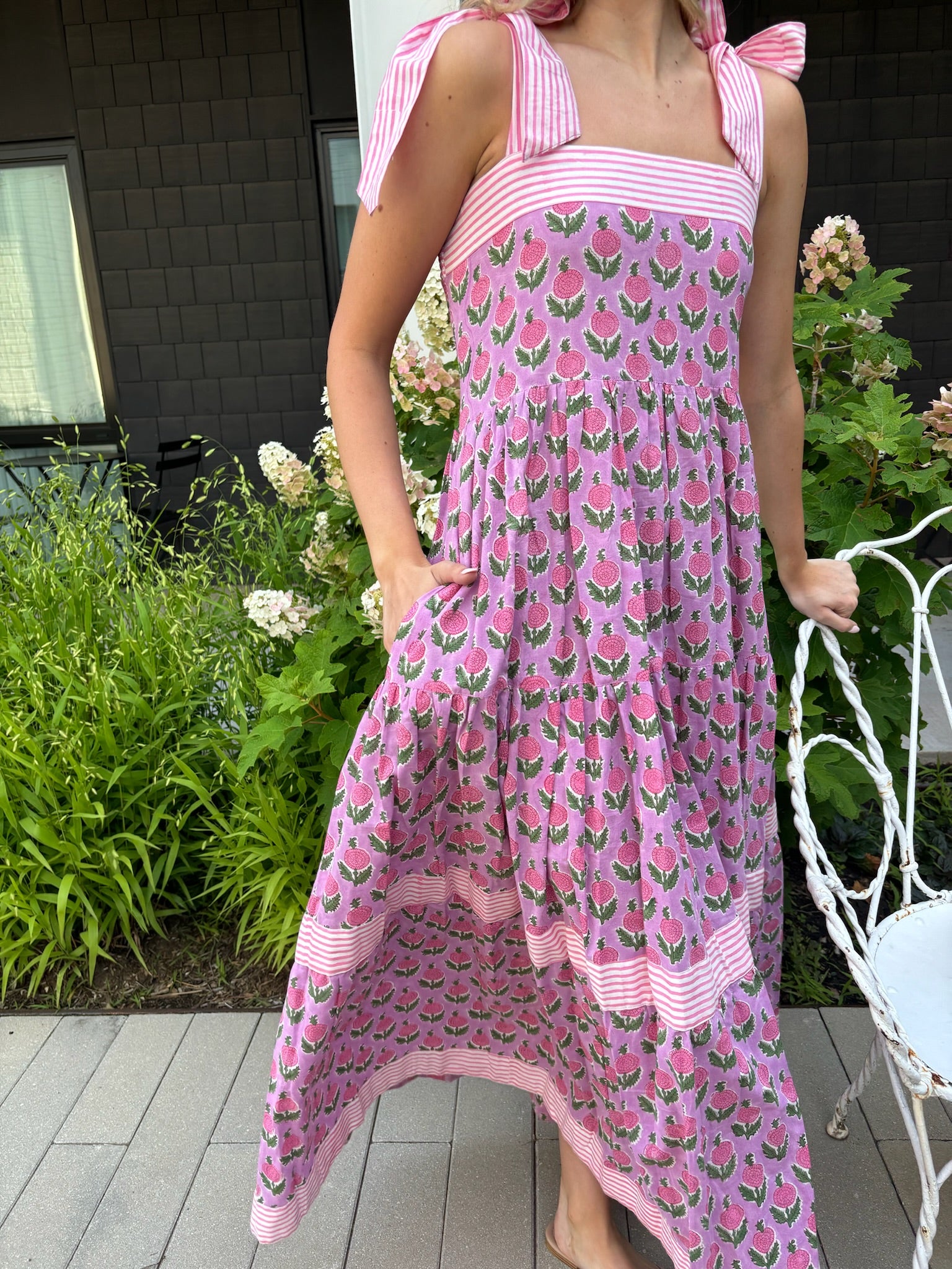 Maisie Maxi Dress in Pink Posey block print