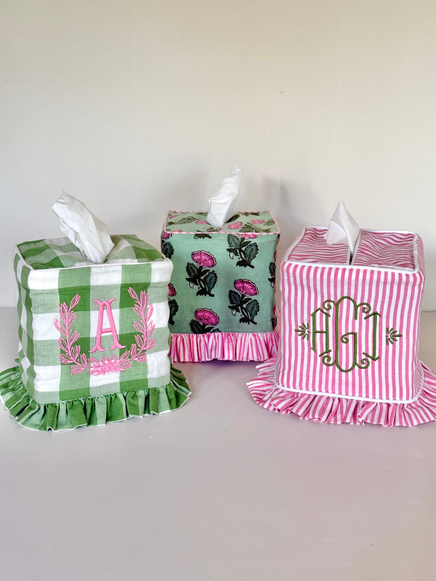 Pink and white stripe ruffle tissue cover, custom monogram available