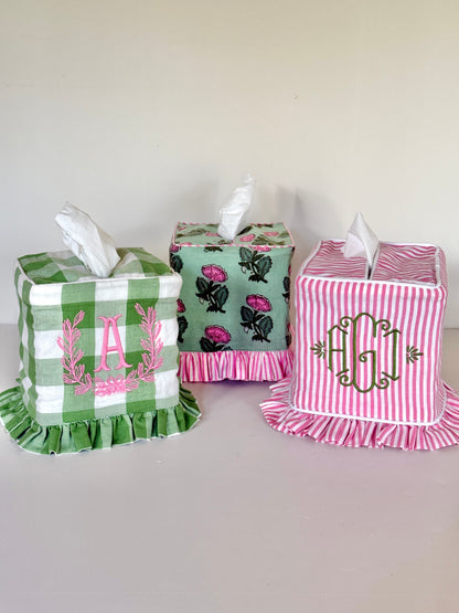 Pink and white stripe ruffle tissue cover, custom monogram available