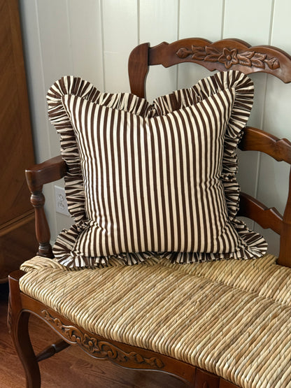 Brown and cream striped ruffle pillow cover, two sizes