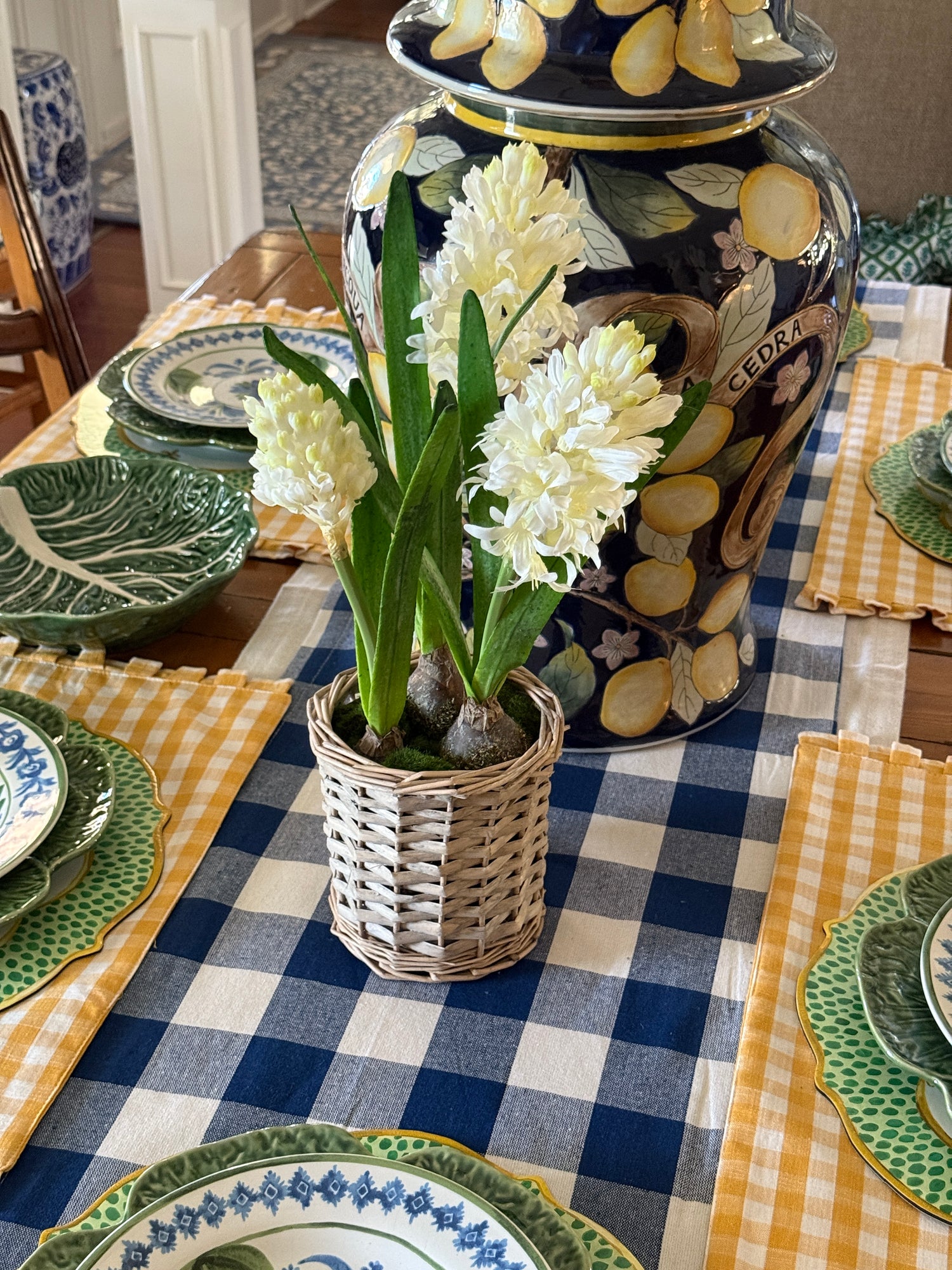 Faux Hyacinth bulbs in wicker basket